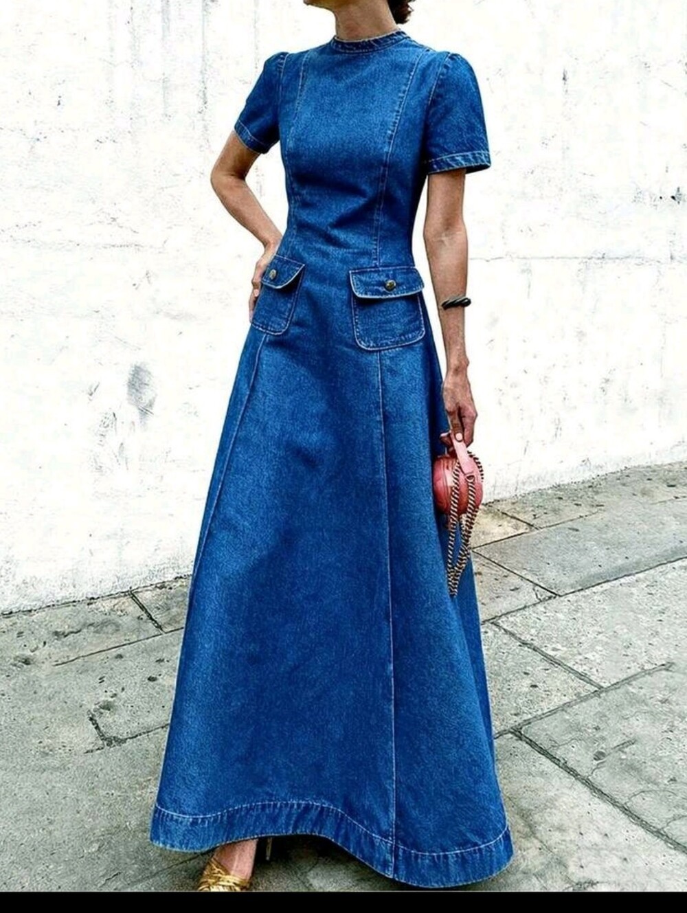 Maxi Denim Dress with Structured Pockets - Blue - Picture 2 of 3